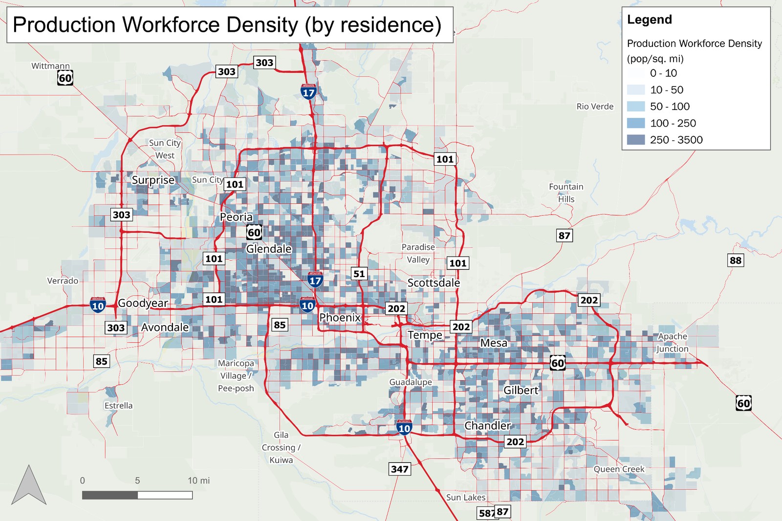 GIS map showing workforce density for labor analytics and site selection